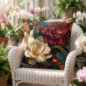 May include: A square throw pillow featuring a dark, moody botanical print. The design showcases large, painterly cream-colored flowers and deep red blossoms set against a dark teal background, accented with small orange fruit-like elements.