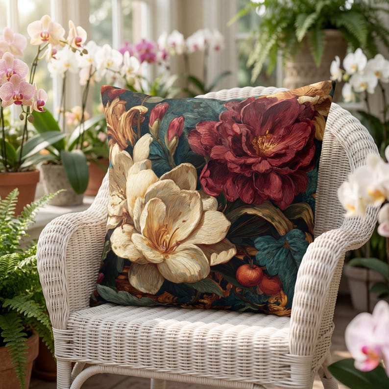 May include: A square throw pillow featuring a dark, moody botanical print. The design showcases large, painterly cream-colored flowers and deep red blossoms set against a dark teal background, accented with small orange fruit-like elements.