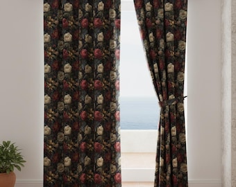 Cortinas opacas con estampado botánico floral de estilo clásico / Decoración maximalista Dark Academia / Regalo carmesí