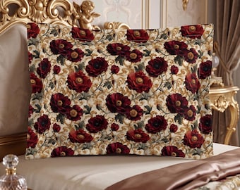 Pillow Sham Crimson Poppy Gold Baroque | Grandmillennial Floral Bedroom Decor