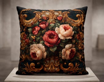 Moody Floral Pillow Baroque Flowers Gold Scroll | Dark Academia Sofa Pillow