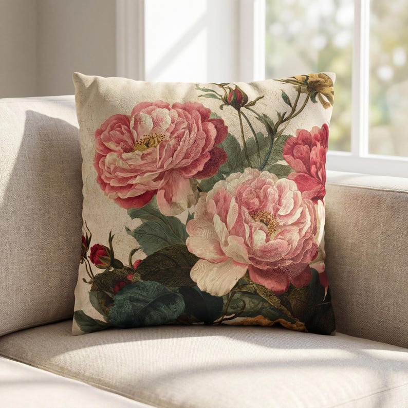 May include: A square throw cushion featuring a botanical print on a cream-coloured background. The design displays large, layered pink and red peony flowers with detailed green foliage, dark green leaves, and small closed flower buds.