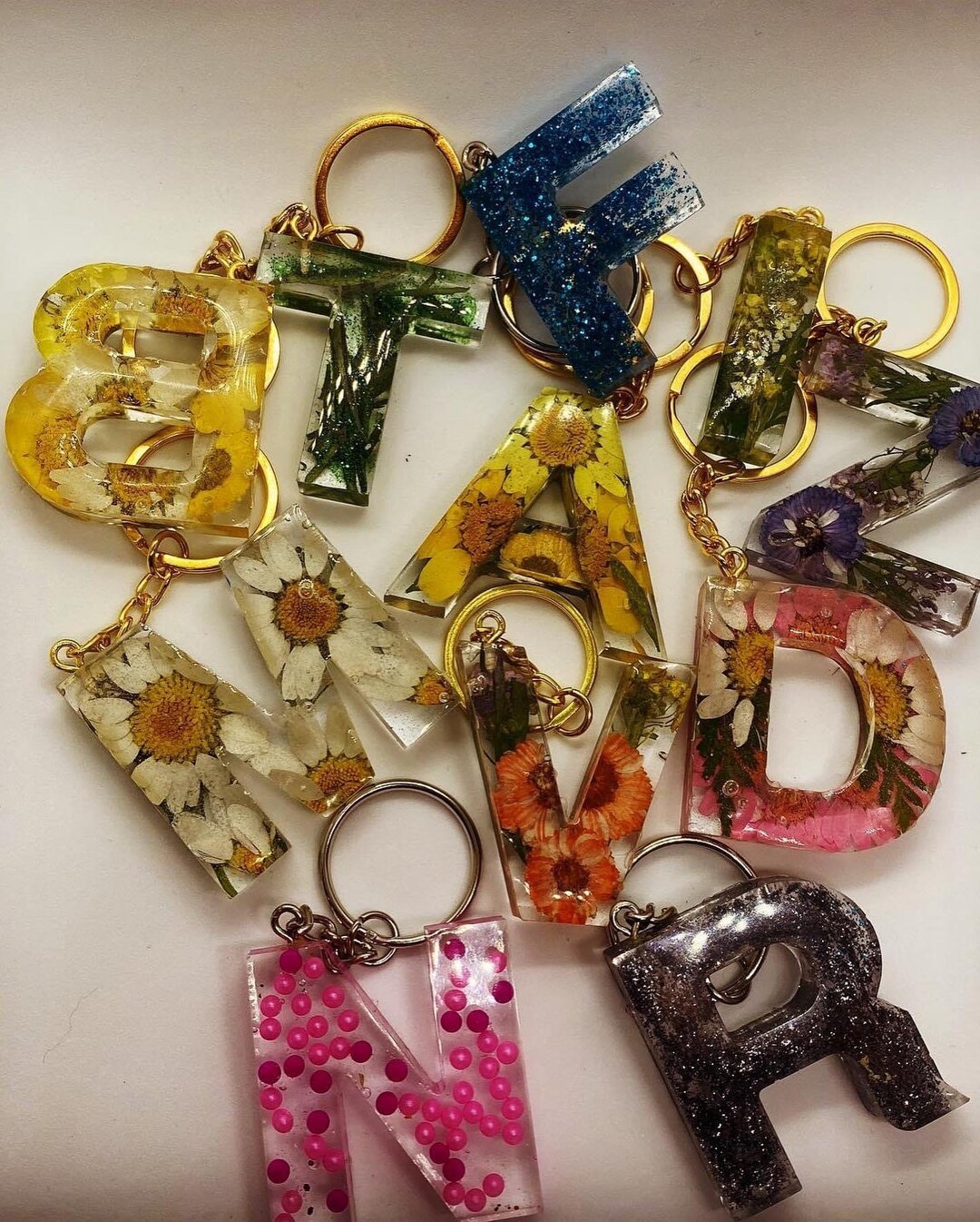 Flower Keyring, Resin Key Ring, Letter Keyring, Pressed Flower Keychain