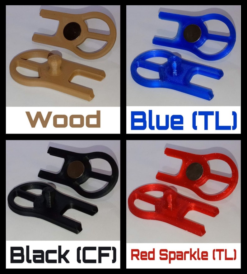 May include: Four 3D printed magnetic bottle openers in different colours: wood, blue, black, and red sparkle. Each opener has a unique design with a small knob on the bottom.