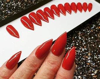 24pcs Stiletto Luxury Press On Nails Extra Long Solid Color Designed 3d  Fake Nails With Rhinestones Full Cover Red Artificial Nail Set Sharp  Pointed