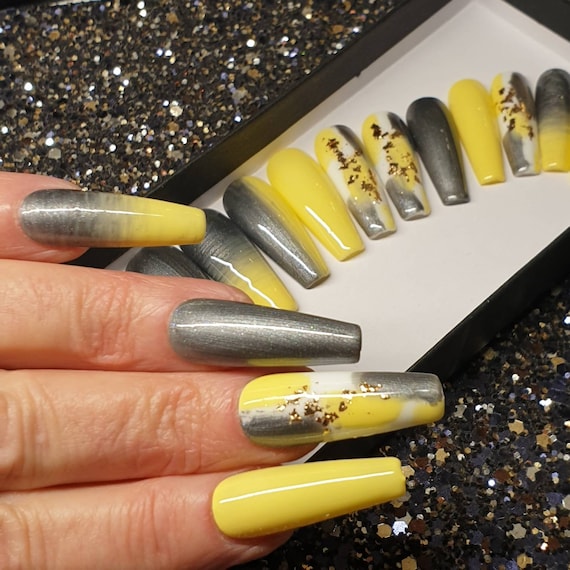 Grey Yellow Ombre Gold Foil Nails. Gray Yellow 2021 Colour. - Etsy