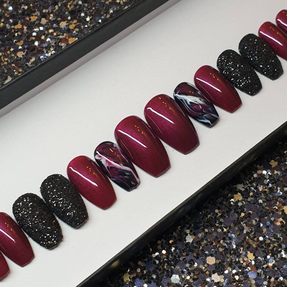 Deep Red Burgandy Black Glitter Marble Berry Nails Press On Etsy Australia