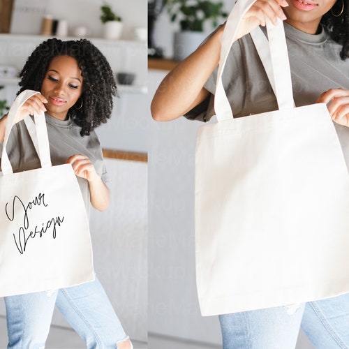 Canvas Tote Bag Mock Up Model With Brow Knit Sweater Holding | Etsy