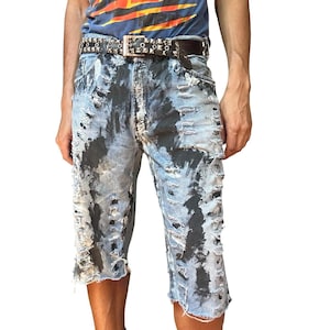 ASTROBOI* Black & Blue Painterly Baggy Denim Shorts - 38&quot;