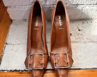Prada Women's Brown Leather Buckle Heels - 38.5 EU