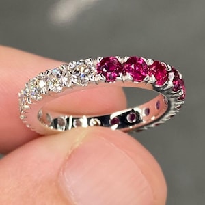 14k White Gold Ruby Diamond Ring Band, Anniversary Gift