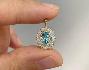 14k Gold Aquamarine Pendant Necklace, Oval Cut Aquamarine Halo Pendant | Diamond Accent Blue Gemstone Pendant | Vintage Style Jewelry