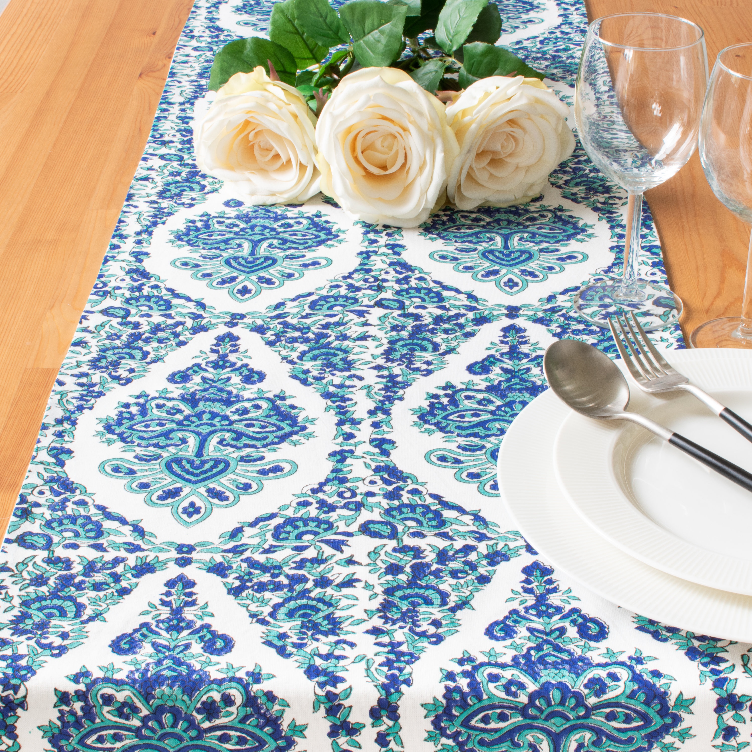 Blue Table Runners 100 Cotton Damask Hand Block Print for Etsy