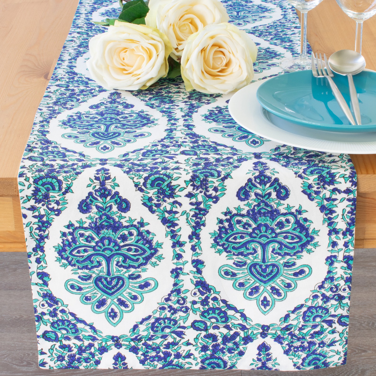 Blue Table Runners 100 Cotton Damask Hand Block Print for Etsy