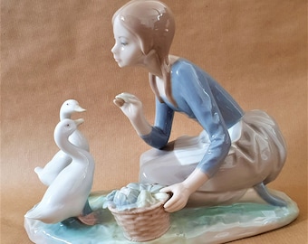 Stunning large Lladró  #4849  &quot;Feeding the Ducks&quot;   Sculpted by Alfredo Ruiz, issued in 1973.  6.75&quot; high, 9.5&quot; wide    Lladro 4849  #132