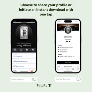 May include: A screenshot of a mobile phone app showing a profile for Harry Williams, Project Manager at Rolls-Royce. The app allows users to share their profile or download it with one tap. The profile includes contact information, such as a phone number, email address, and website.