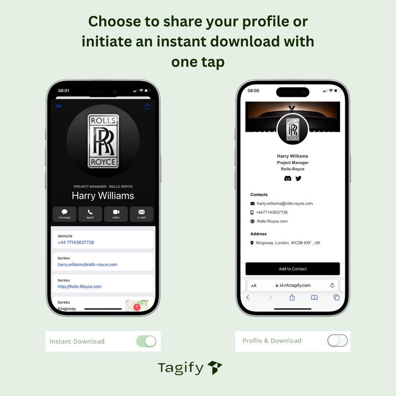 May include: A screenshot of a mobile phone app showing a profile for Harry Williams, Project Manager at Rolls-Royce. The app allows users to share their profile or download it with one tap. The profile includes contact information, such as a phone number, email address, and website.