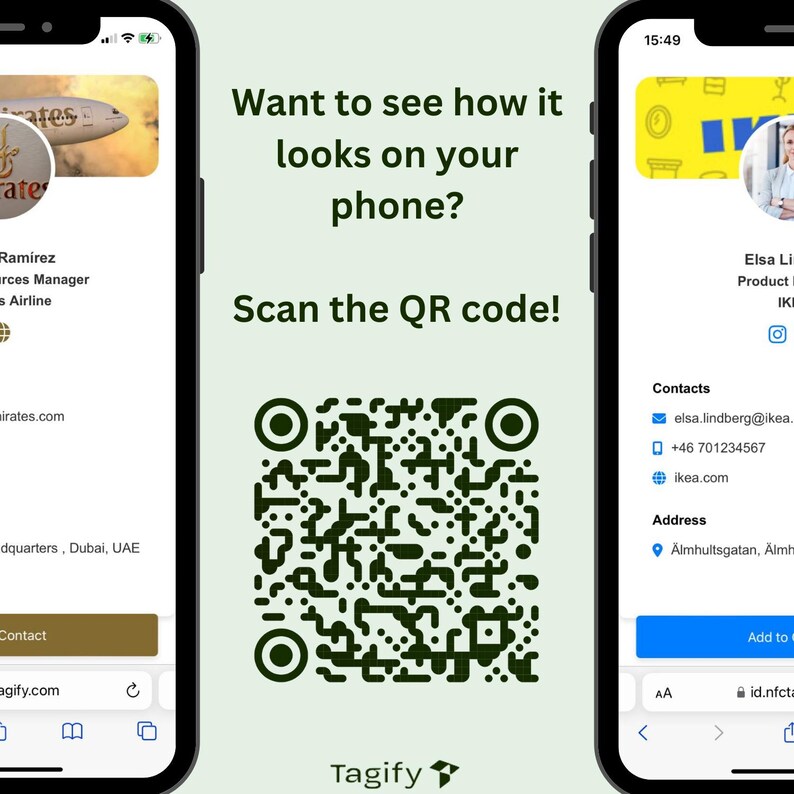 May include: A smartphone screen displaying a QR code with the text "Want to see how it looks on your phone? Scan the QR code!" and the logo "Tagify".