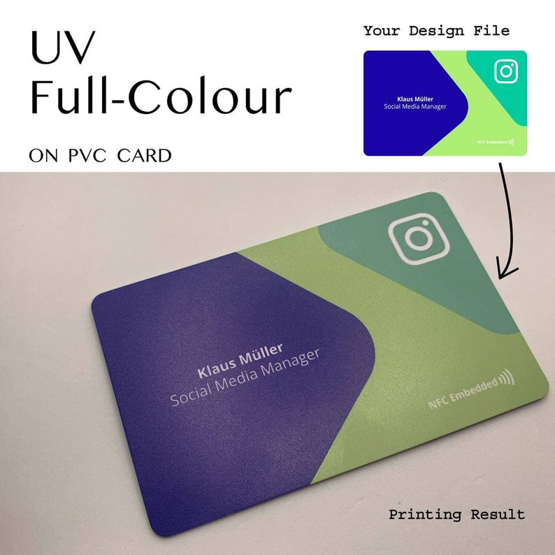 May include: A purple and green business card with a white Instagram logo and the text "Klaus M&uuml;ller Social Media Manager" and "NFC Embedded".