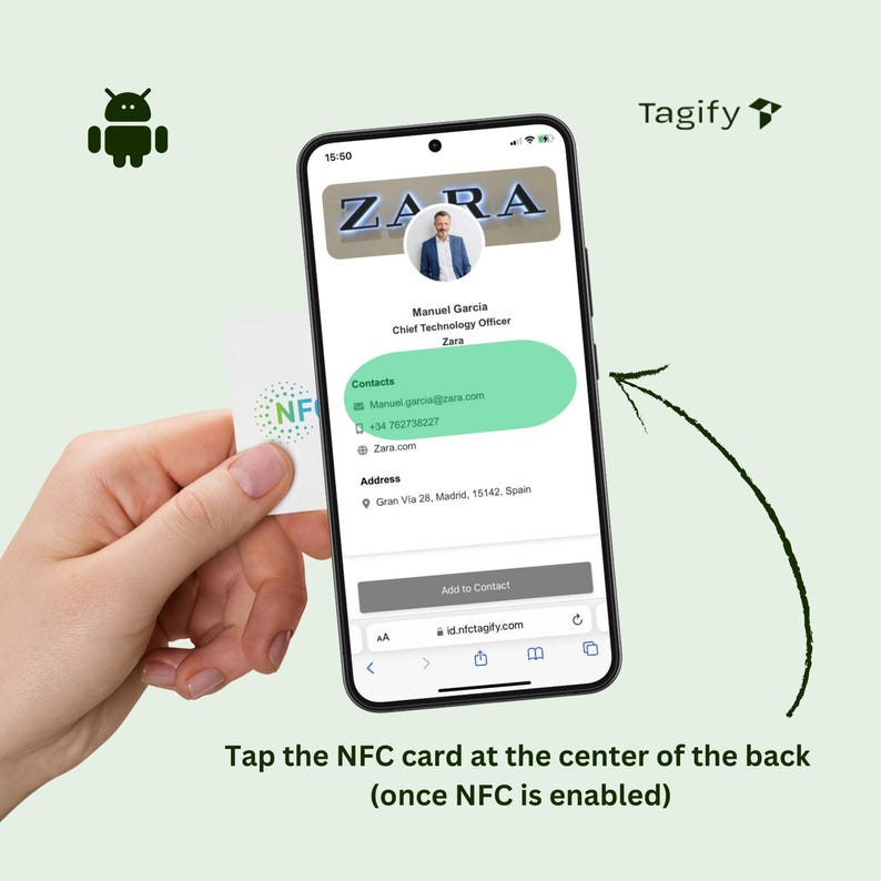 May include: A smartphone displaying a digital business card for Manuel Garcia, Chief Technology Officer at Zara. The card includes contact information, address, and a button to add the contact to the phone's address book. The phone is positioned near an NFC card, with the text "Tap the NFC card at the center of the back (once NFC is enabled)" below the phone.