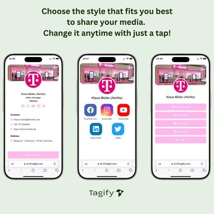 May include: Three screenshots of a mobile phone app showing different ways to share a profile. The profile is for Klaus M&uuml;ller, a sales manager at T-Mobile. The profile includes contact information, links to social media accounts, and a T-Mobile logo. The app is called Tagify.
