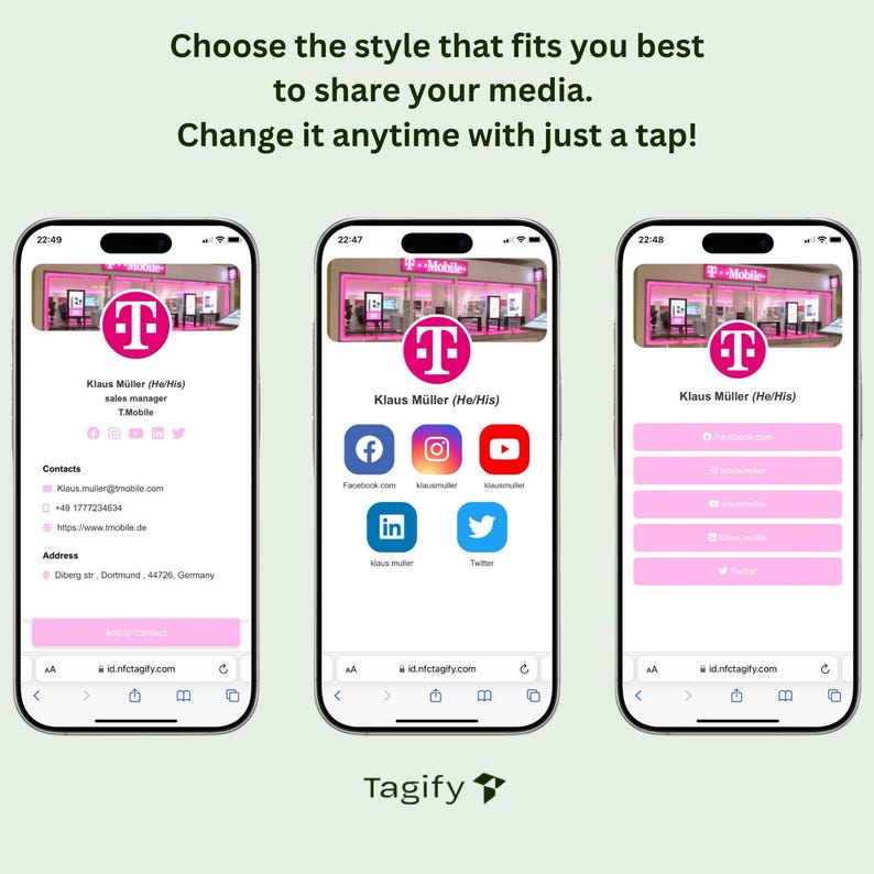 May include: Three screenshots of a mobile phone app showing different ways to share a profile. The profile is for Klaus M&uuml;ller, a sales manager at T-Mobile. The profile includes contact information, links to social media accounts, and a T-Mobile logo. The app is called Tagify.