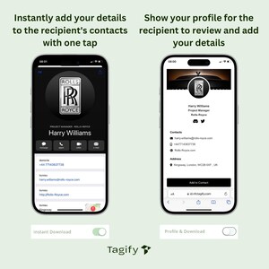 May include: A screenshot of a mobile phone app showing a profile for Harry Williams, Project Manager at Rolls-Royce. The app allows users to instantly add their contact details to a recipient's phone or show their profile for the recipient to review and add their details.