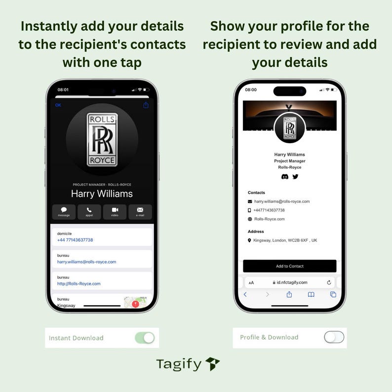 May include: A screenshot of a mobile phone app showing a profile for Harry Williams, Project Manager at Rolls-Royce. The app allows users to instantly add their contact details to a recipient's phone or show their profile for the recipient to review and add their details.