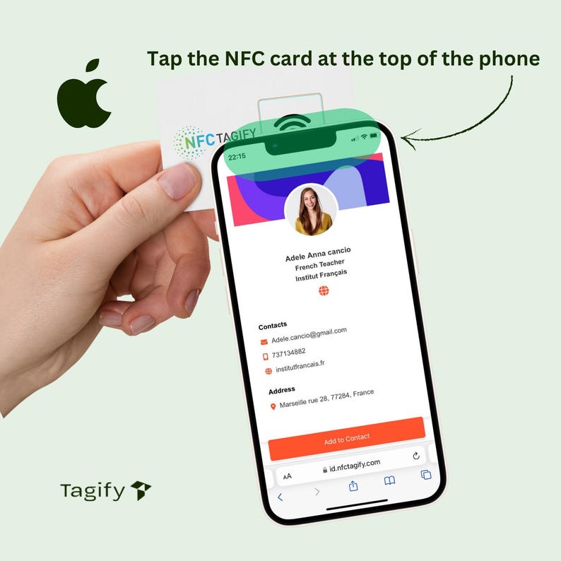 May include: A smartphone displaying a digital business card with a person's name, title, contact information, and address. The phone is being tapped with an NFC card, which is a contactless technology for sharing information.