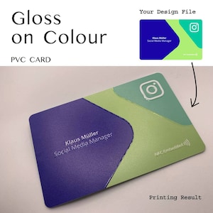 May include: A purple and green business card with a white Instagram logo and the text "Klaus M&uuml;ller Social Media Manager" and "NFC Embedded".