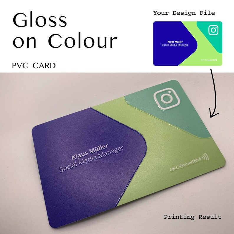 May include: A purple and green business card with a white Instagram logo and the text "Klaus M&uuml;ller Social Media Manager" and "NFC Embedded".