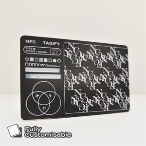 Carte de visite numérique NFC personnalisée en métal | Appuyez sur la vCard avec code QR et liens vers les réseaux sociaux | Carte noire à puce | Encre mate/blanche