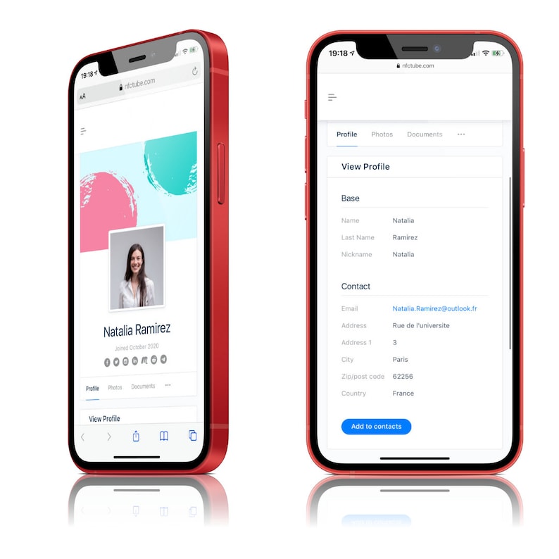 May include: A screenshot of a mobile phone displaying a profile page for Natalia Ramirez. The profile includes basic information such as name, last name, nickname, email address, and physical address. The phone is red and has a white screen.