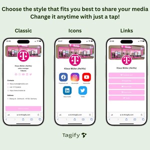 May include: A screenshot of a mobile phone displaying a digital business card with a pink and white T-Mobile logo. The card includes the name Klaus M&uuml;ller, the title sales manager, and contact information. The phone screen shows three different styles for sharing the business card: Classic, Icons, and Links.