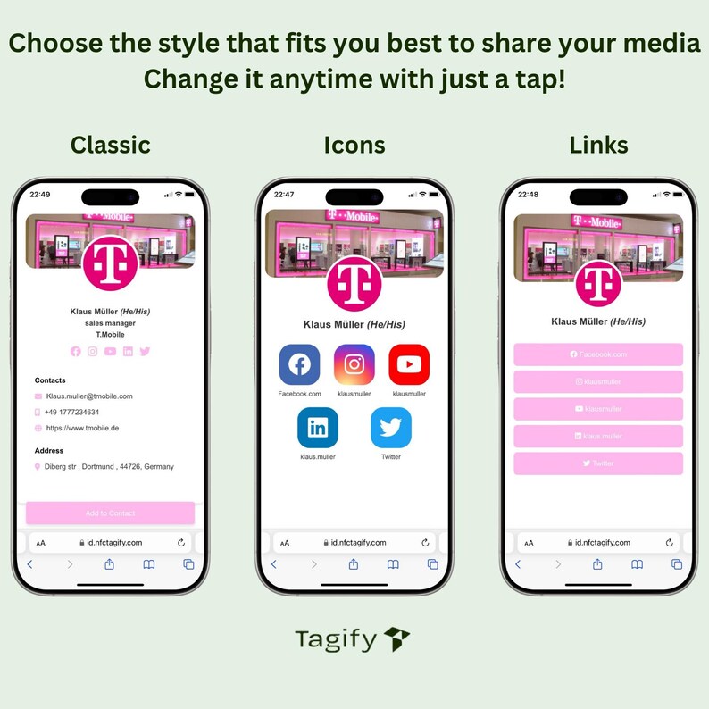 May include: A screenshot of a mobile phone displaying a digital business card with a pink and white T-Mobile logo. The card includes the name Klaus M&uuml;ller, the title sales manager, and contact information. The phone screen shows three different styles for sharing the business card: Classic, Icons, and Links.