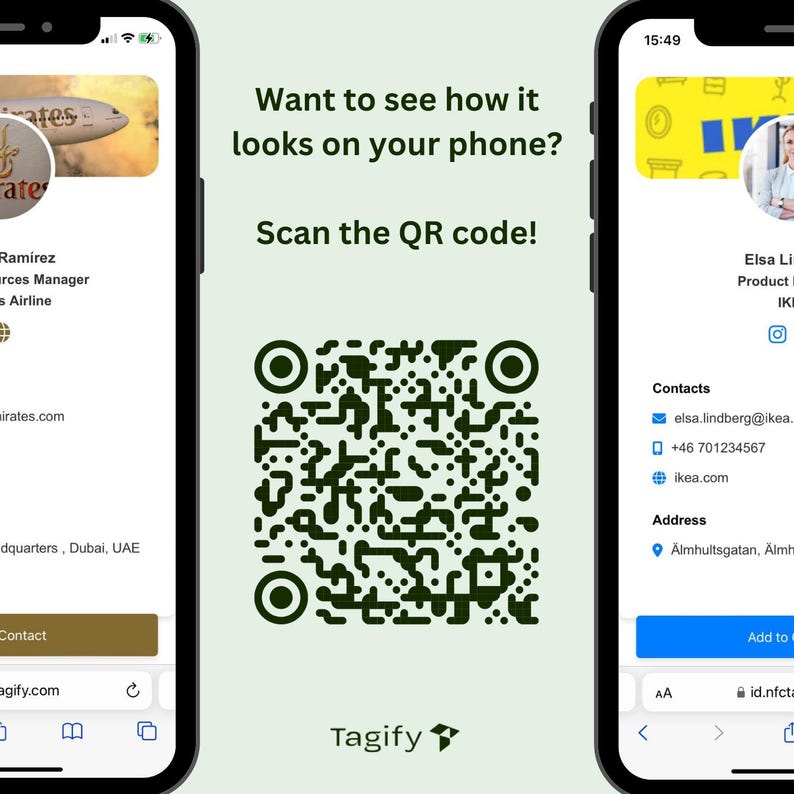 May include: A smartphone screen displaying a QR code with the text "Want to see how it looks on your phone? Scan the QR code!" and the logo "Tagify".