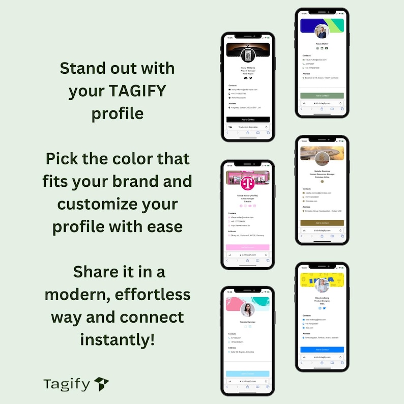 May include: A phone screen displaying a mobile app with a colorful background and a profile card. The app is called "Tagify" and allows users to create and share digital profiles. The text on the screen reads "Stand out with your TAGIFY profile. Pick the color that fits your brand and customize your profile with ease. Share it in a modern, effortless way and connect instantly!"