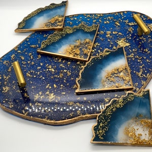 Coasters and Tray Set, Blue Gold, Geode Shape Resin Coasters, Coaster Set of 4 ,Housewarming Gift,