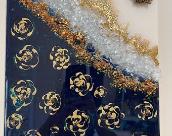 Resin Geode Art, Blue and Gold Geode Resin Painting. Modern Wall or Shelf Decor for your home.