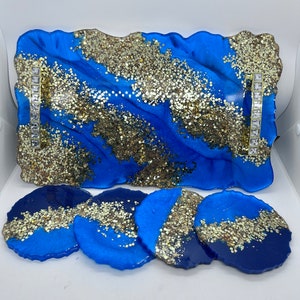 Coasters and Tray Set, Blue & Golden tray set, Geode Shape Resin Coasters, Coasters Set of 4 , Tray, Housewarming Gift Active