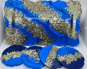 Coasters and Tray Set, Blue & Golden tray set, Geode Shape Resin Coasters, Coasters Set of 4 , Tray, Housewarming Gift Active