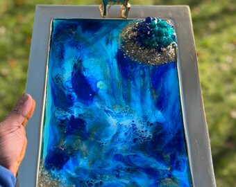 Serving Tray Blue, White and Teal, Metal Tray
