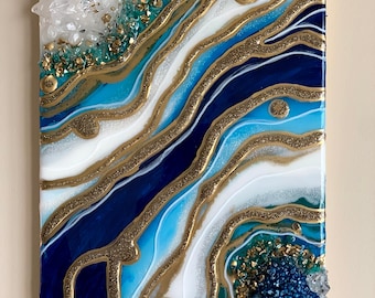 Resin Geode Art, Blue White and Gold Geode Resin Painting. Modern Wall or Shelf Decor for your home.