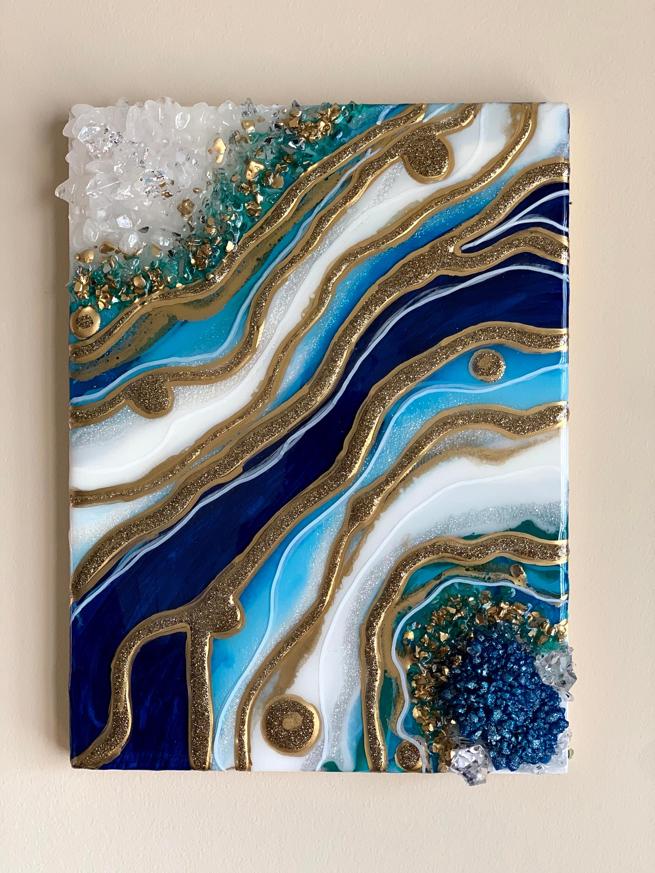 Resin Geode Art, Blue White and Gold Geode Resin Painting. Modern Wall ...