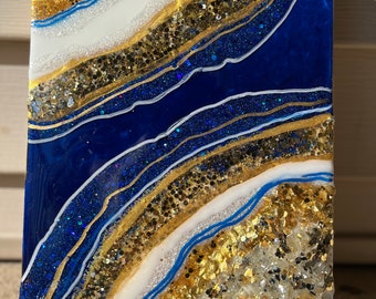 Resin Geode Art, Blue, White and Gold Geode Resin Painting. Modern Wall or Shelf Decor for your home.