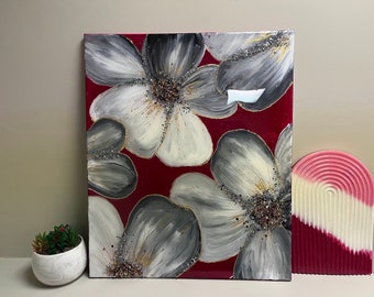 Flower, Bling Canvas, Glitter Glass Painting, Glam Painting, Abstract Art, Wall decor, Modern Home Decor,  Contemporary Wall Art