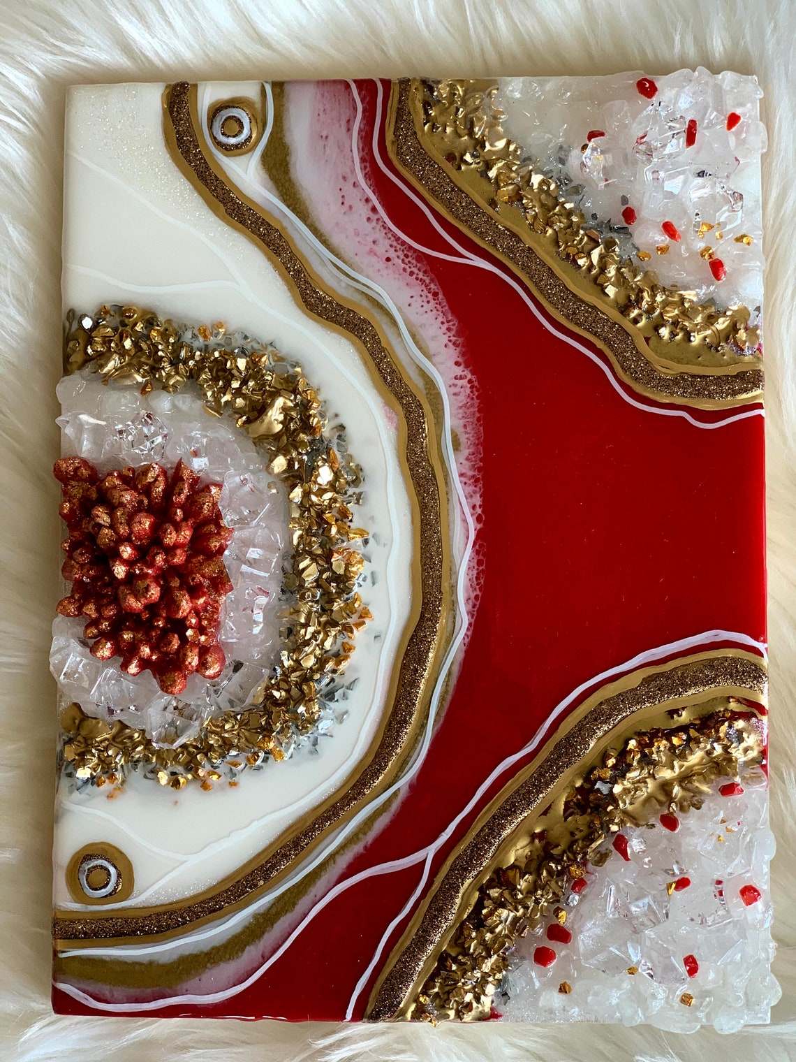 Resin Geode Art Red White and Gold Geode Resin Painting. | Etsy