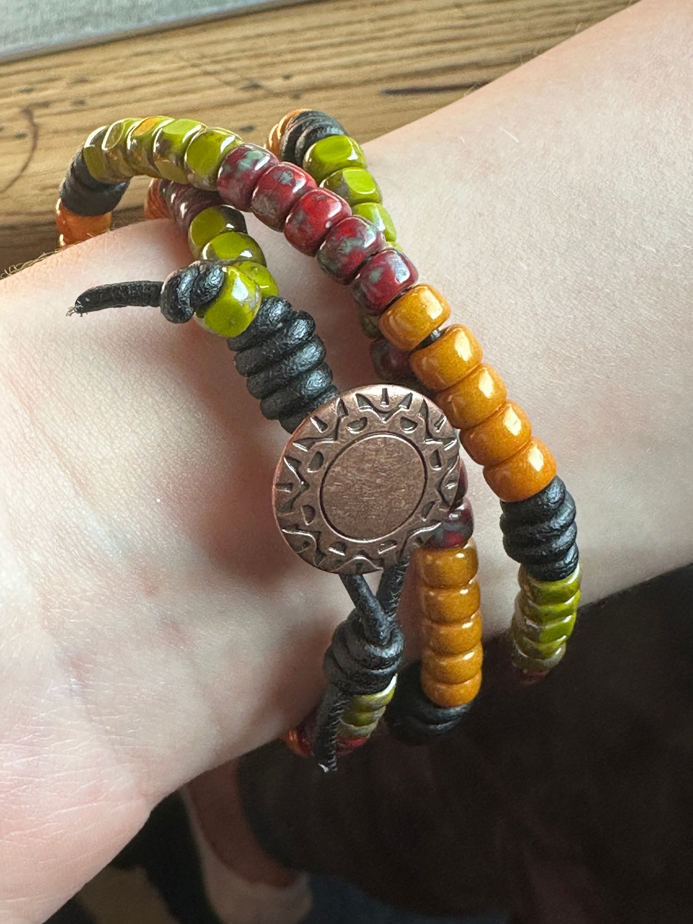 Boho Leather Wrap Bracelet, Cross Bracelet With Antler or Copper Button