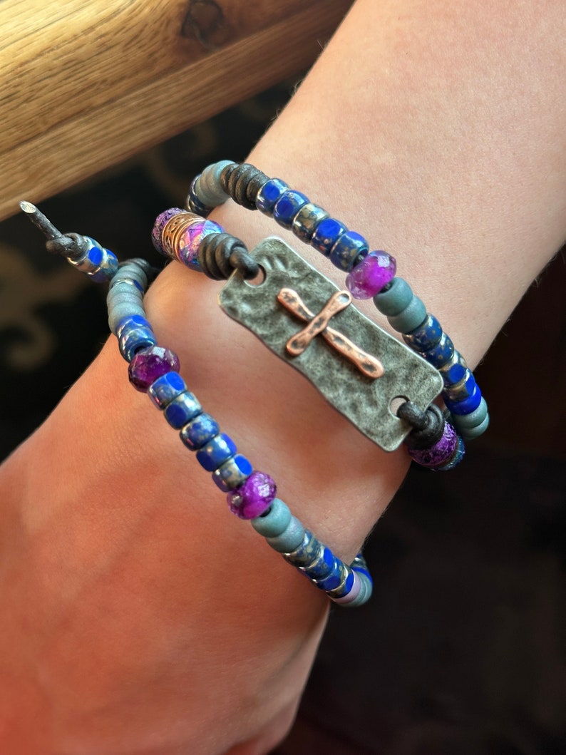 Boho Leather Wrap Bracelet, Cross Bracelet With Antler or Copper Button