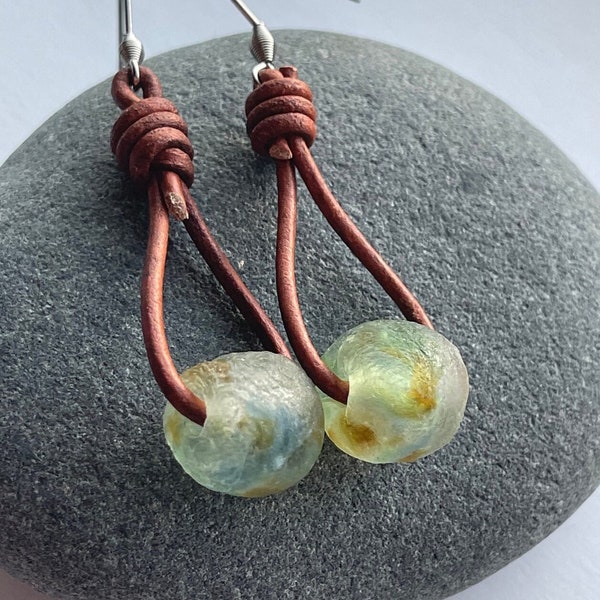 SeaGlass Earrings gift for Girlfriend, Recycled Glass Earrings for Women, Leather Earrings, African Bead, Boho Jewelry, Hippie Chic Earrings